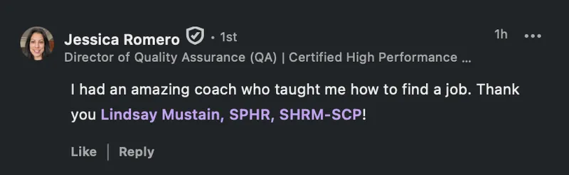 Jessica Romero Y - ist 1h Director of Quality Assurance QA Certified High Performance ... - verified client result, Lindsay Mustain coaching