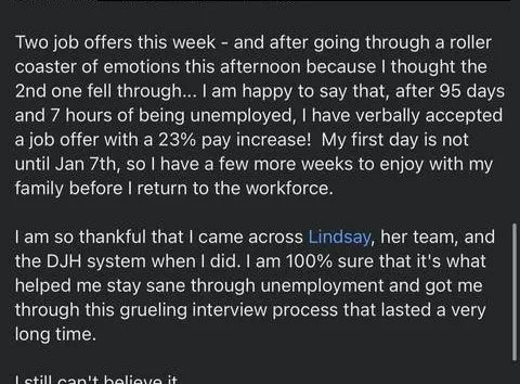 Two job offers this week - and after going through a roller coaster of emotions this - verified client result, Lindsay Mustain coaching