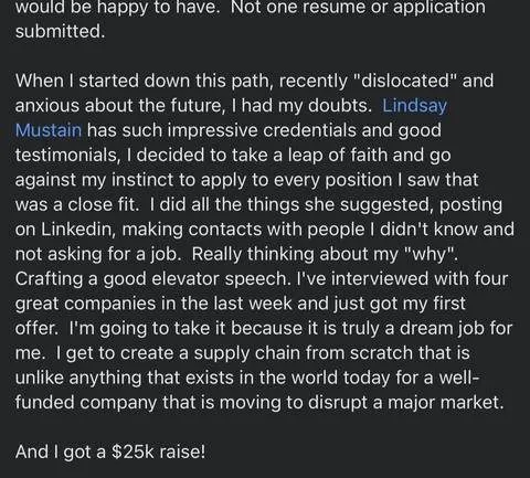 would be happy to have. Not one resume or application submitted. When started down this - verified client result, Lindsay Mustain coaching