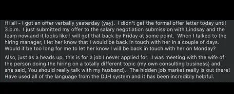 all - got an offer verbally yesterday yay . didn't get the formal offer letter today - verified client result, Lindsay Mustain coaching