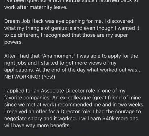 PVE MESH YMC IME TOW TIVES CHING PPC ie MaUN LU work after maternity leave. Dream Job - verified client result, Lindsay Mustain coaching