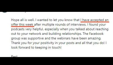Hope all is wanted to let you kno offer this veek after multiple rounds of inte vs. found - verified client result, Lindsay Mustain coaching