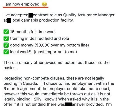 now employed! I've acceptedfJcontract role as Quality Assurance Manager atflocal cannabis - verified client result, Lindsay Mustain coaching